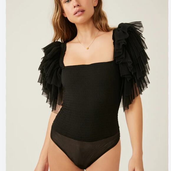 NEW Free People Kill The Lights Black Ruched Black Ruffle One-Piece Bodysuit - Picture 1 of 15